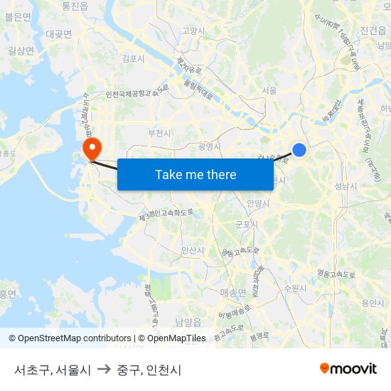 서초구, 서울시 to 중구, 인천시 map