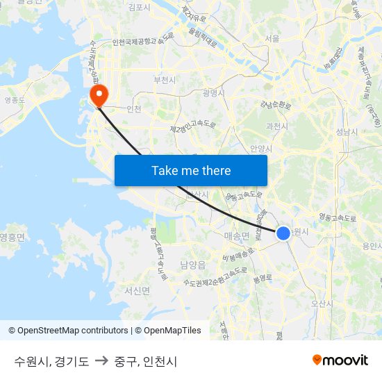 수원시, 경기도 to 중구, 인천시 map