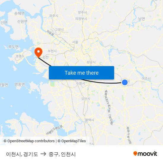 이천시, 경기도 to 중구, 인천시 map