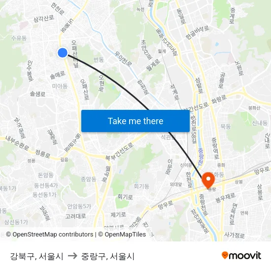 강북구, 서울시 to 중랑구, 서울시 map