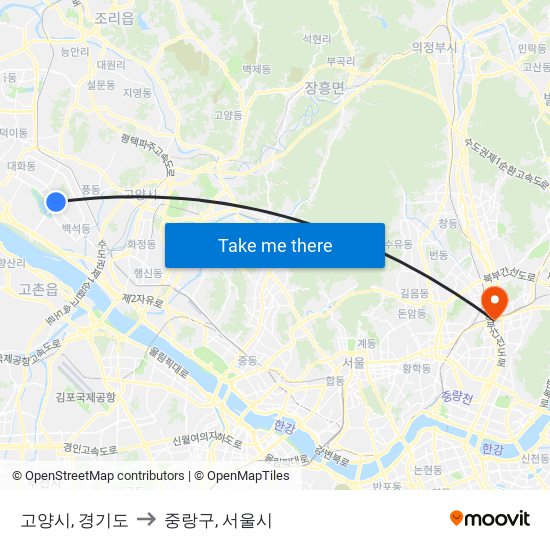 고양시, 경기도 to 중랑구, 서울시 map