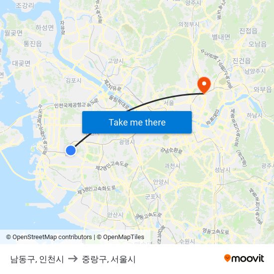 남동구, 인천시 to 중랑구, 서울시 map