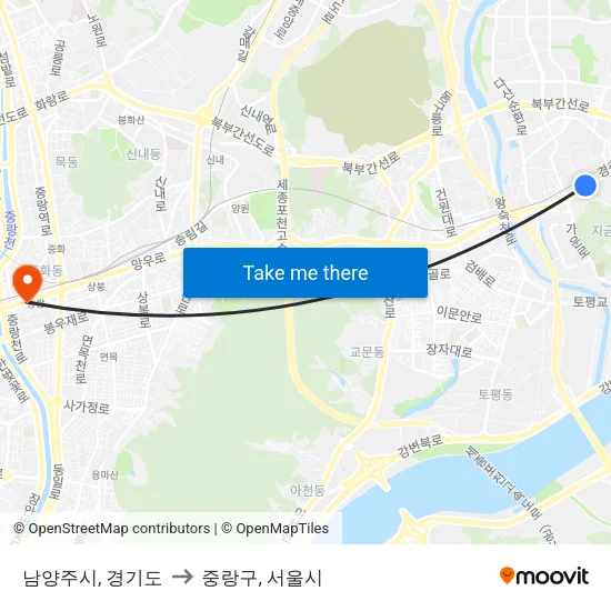 남양주시, 경기도 to 중랑구, 서울시 map