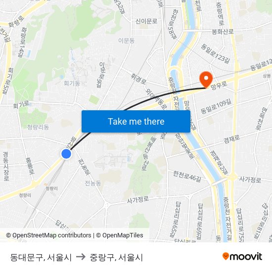 동대문구, 서울시 to 중랑구, 서울시 map