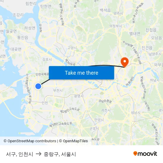 서구, 인천시 to 중랑구, 서울시 map