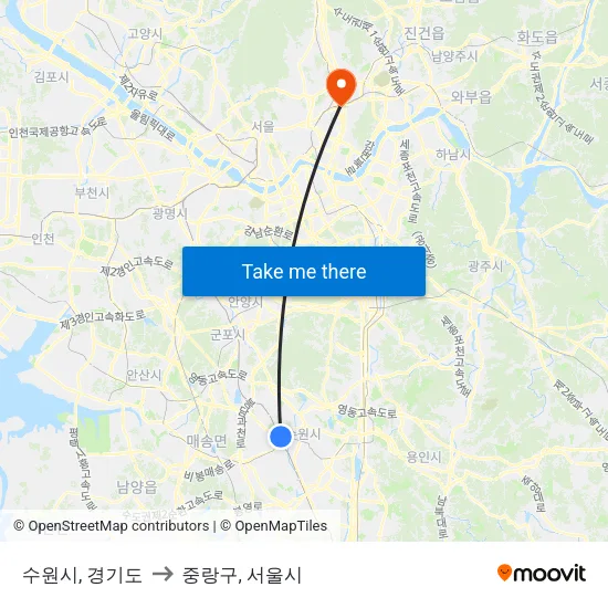 수원시, 경기도 to 중랑구, 서울시 map