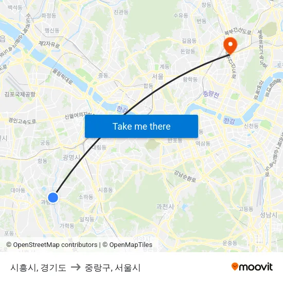 시흥시, 경기도 to 중랑구, 서울시 map