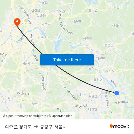 여주군, 경기도 to 중랑구, 서울시 map