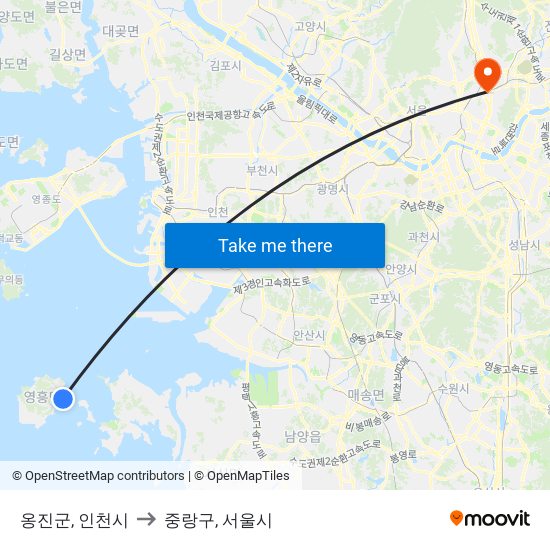 옹진군, 인천시 to 중랑구, 서울시 map