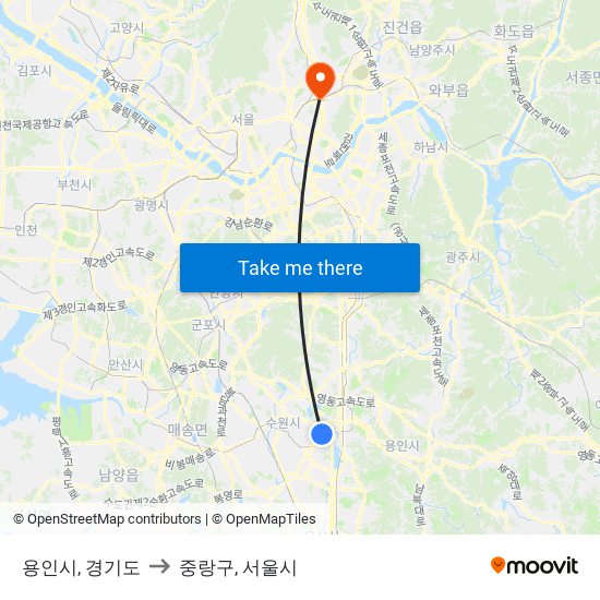 용인시, 경기도 to 중랑구, 서울시 map