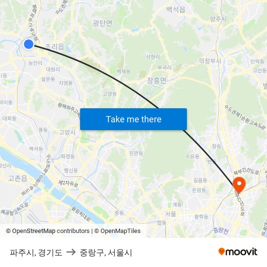 파주시, 경기도 to 중랑구, 서울시 map