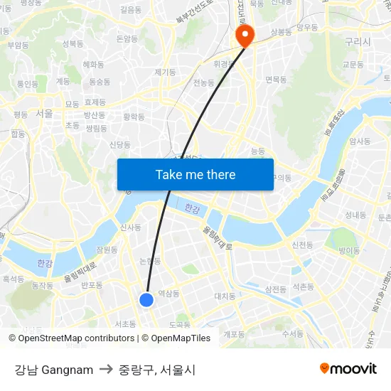 강남 Gangnam to 중랑구, 서울시 map