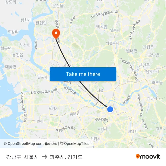 강남구, 서울시 to 파주시, 경기도 map