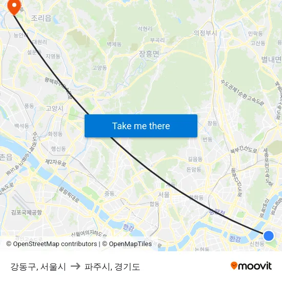 강동구, 서울시 to 파주시, 경기도 map