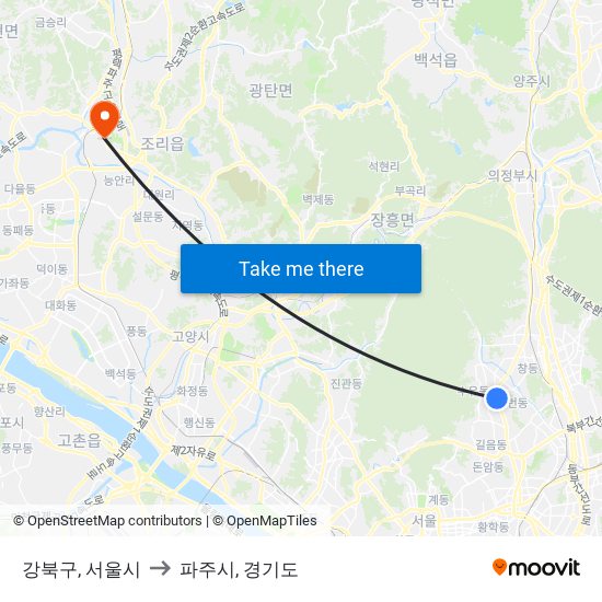 강북구, 서울시 to 파주시, 경기도 map