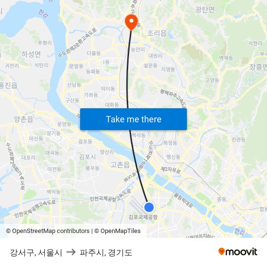 강서구, 서울시 to 파주시, 경기도 map
