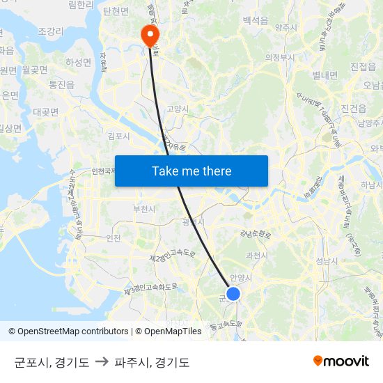 군포시, 경기도 to 파주시, 경기도 map