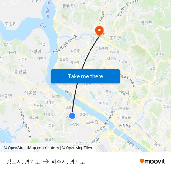 김포시, 경기도 to 파주시, 경기도 map