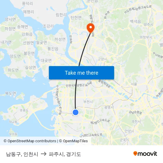 남동구, 인천시 to 파주시, 경기도 map
