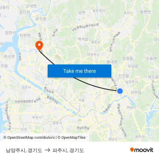 남양주시, 경기도 to 파주시, 경기도 map