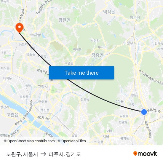 노원구, 서울시 to 파주시, 경기도 map