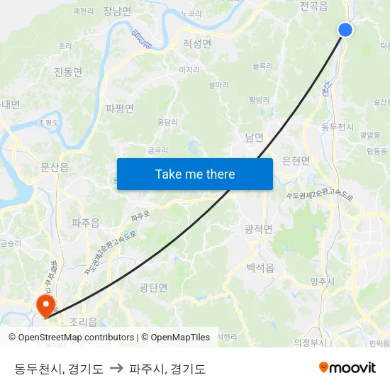 동두천시, 경기도 to 파주시, 경기도 map