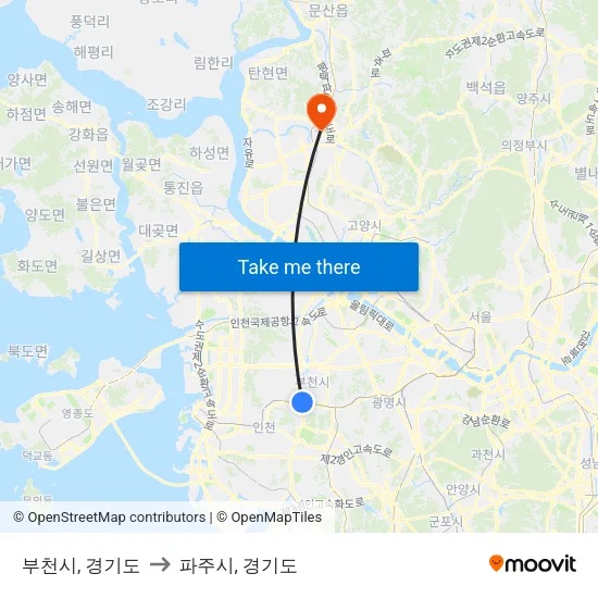 부천시, 경기도 to 파주시, 경기도 map