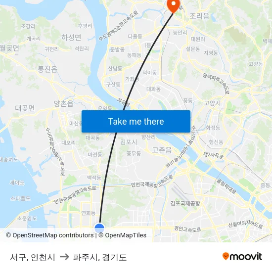 서구, 인천시 to 파주시, 경기도 map