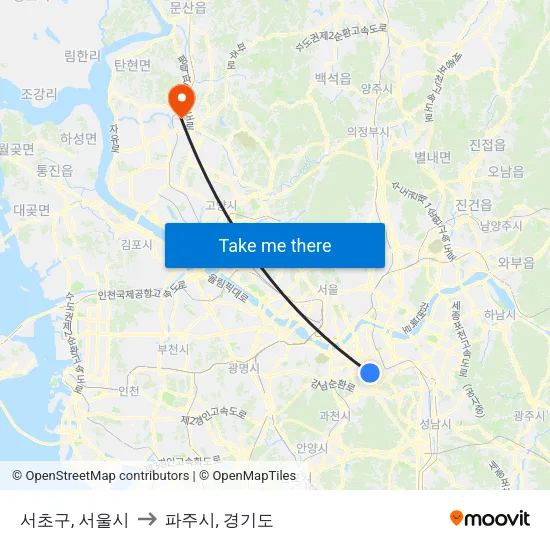 서초구, 서울시 to 파주시, 경기도 map