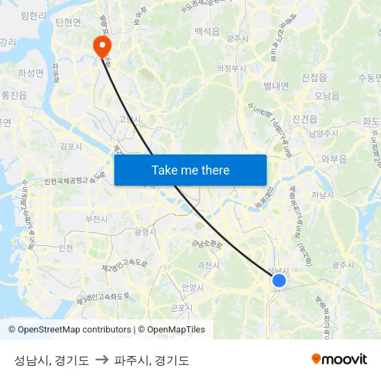 성남시, 경기도 to 파주시, 경기도 map