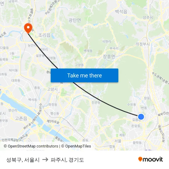 성북구, 서울시 to 파주시, 경기도 map
