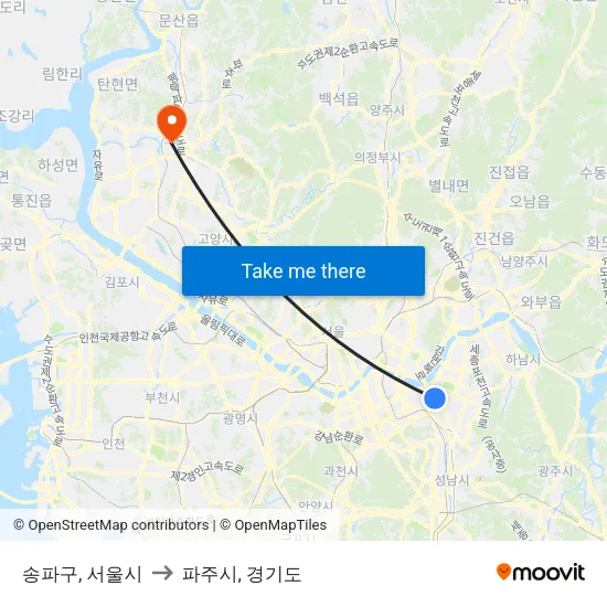 송파구, 서울시 to 파주시, 경기도 map