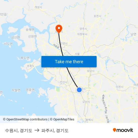 수원시, 경기도 to 파주시, 경기도 map