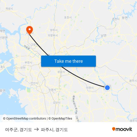 여주군, 경기도 to 파주시, 경기도 map