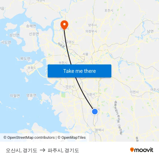 오산시, 경기도 to 파주시, 경기도 map