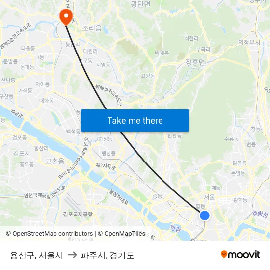 용산구, 서울시 to 파주시, 경기도 map