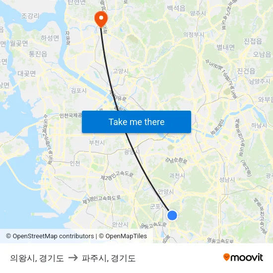 의왕시, 경기도 to 파주시, 경기도 map