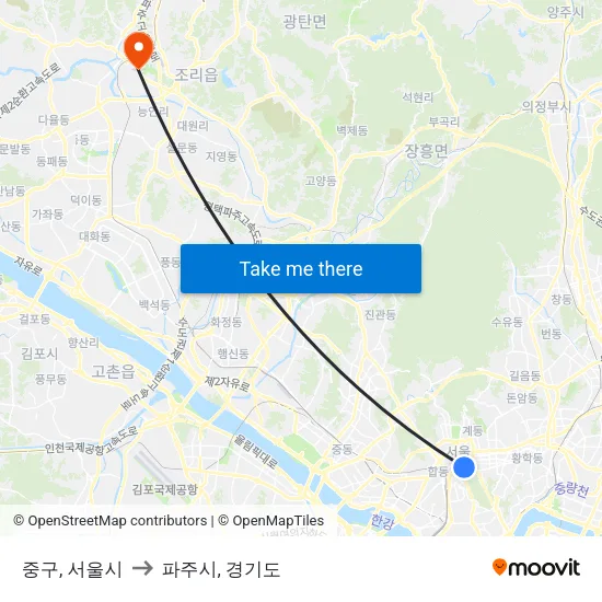 중구, 서울시 to 파주시, 경기도 map