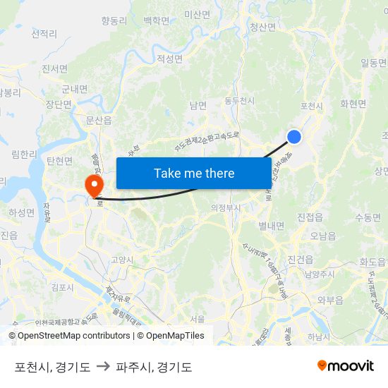 포천시, 경기도 to 파주시, 경기도 map