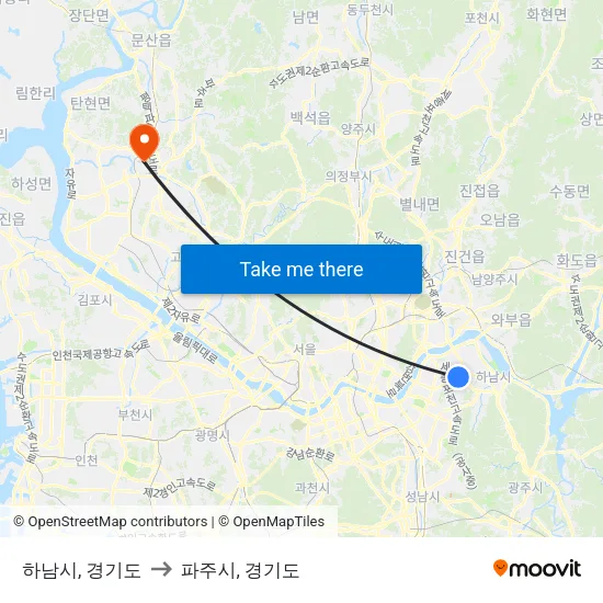 하남시, 경기도 to 파주시, 경기도 map