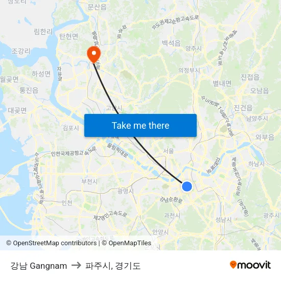 강남 Gangnam to 파주시, 경기도 map