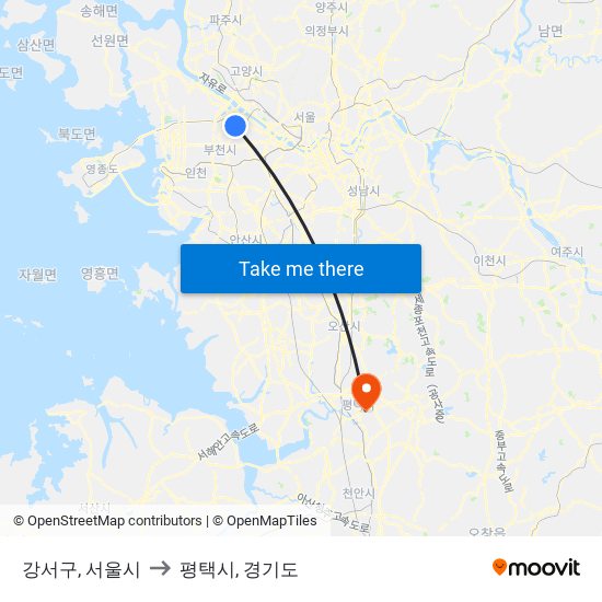 강서구, 서울시 to 평택시, 경기도 map