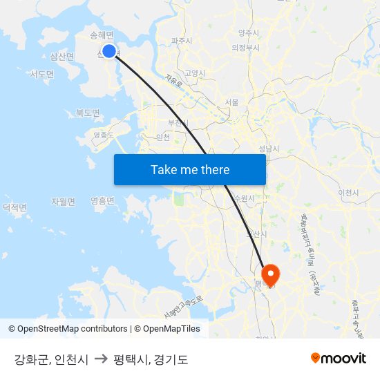 강화군, 인천시 to 평택시, 경기도 map