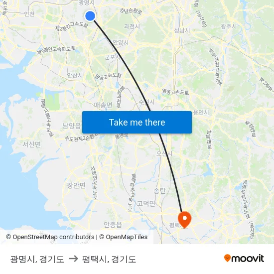 광명시, 경기도 to 평택시, 경기도 map
