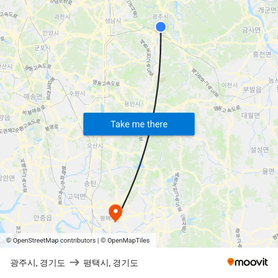 광주시, 경기도 to 평택시, 경기도 map