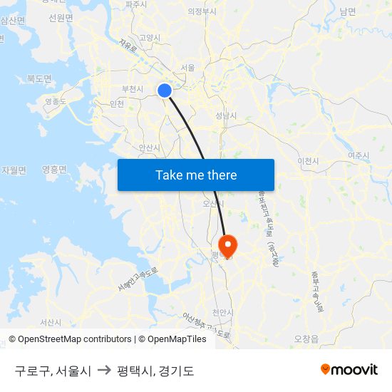 구로구, 서울시 to 평택시, 경기도 map