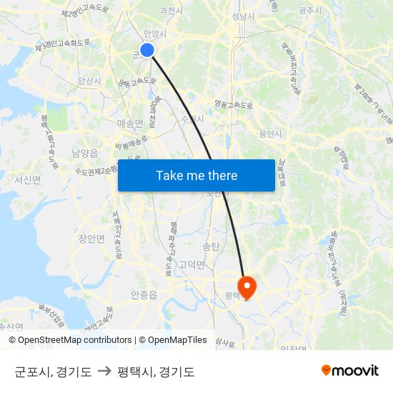 군포시, 경기도 to 평택시, 경기도 map