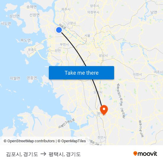 김포시, 경기도 to 평택시, 경기도 map