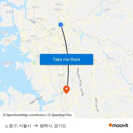 노원구, 서울시 to 평택시, 경기도 map