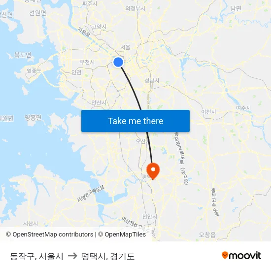 동작구, 서울시 to 평택시, 경기도 map